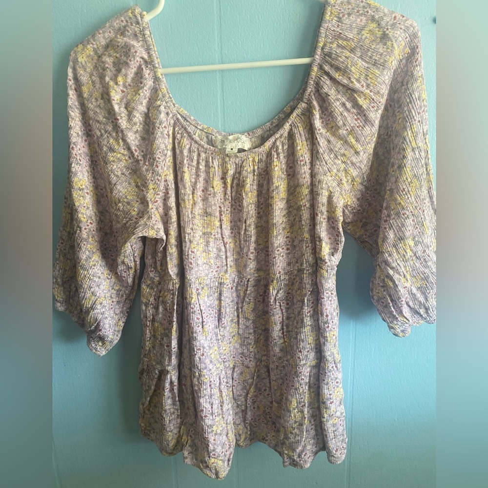 Hippie Rose Lavender Floral Scoop-Neck Tunic with Yellow Accents